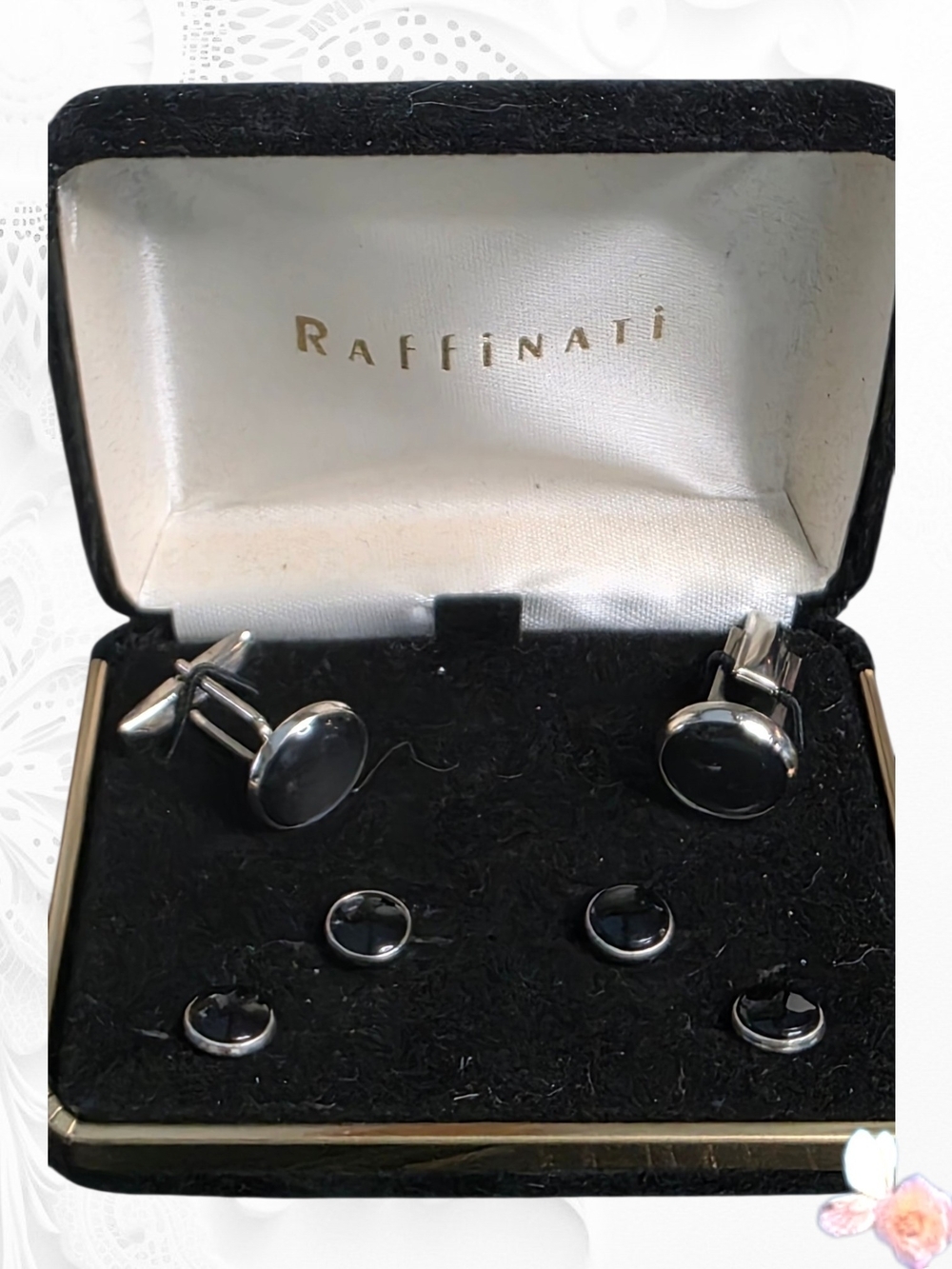 Raffinati Silver‑Tone Cufflink and Stud Set – Black Onyx Style – Vintage Formal 